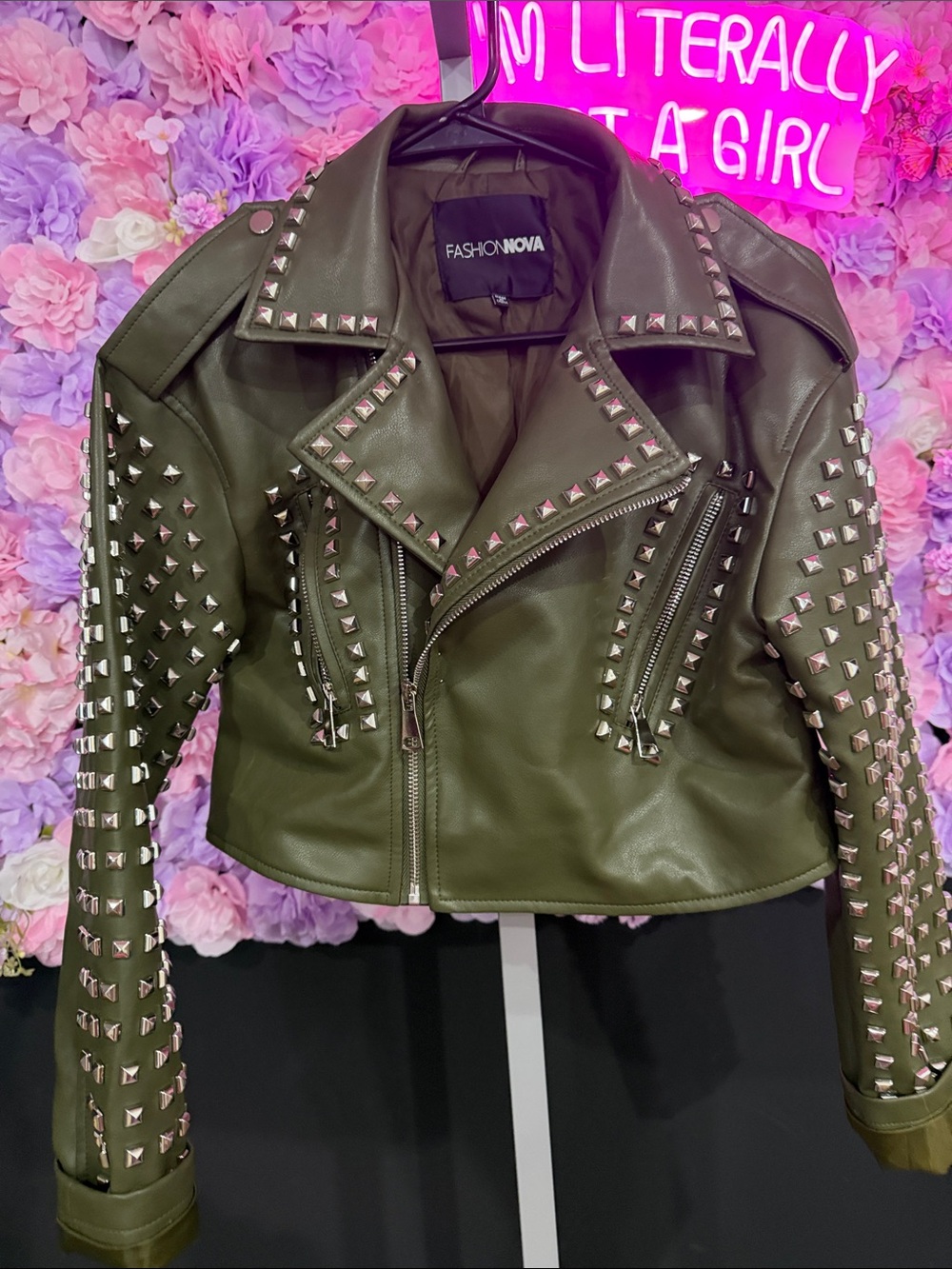 Fashion Nova Olive Green Studded Cropped Moto Jacket